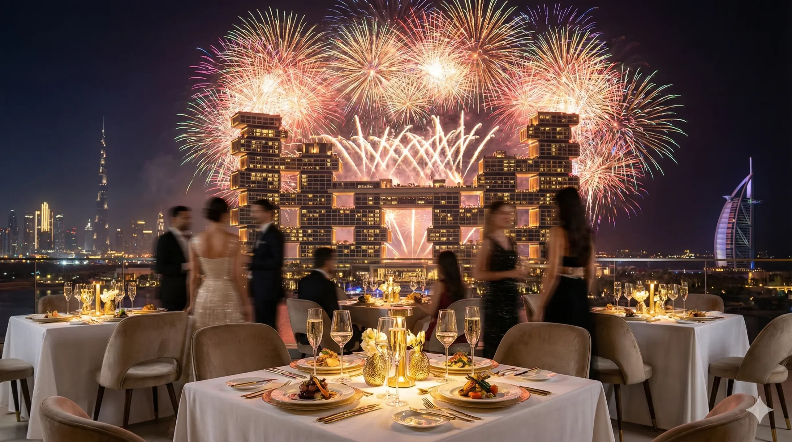 Atlantis The Royal New Year's Eve 2026 gala dinner with fireworks view.