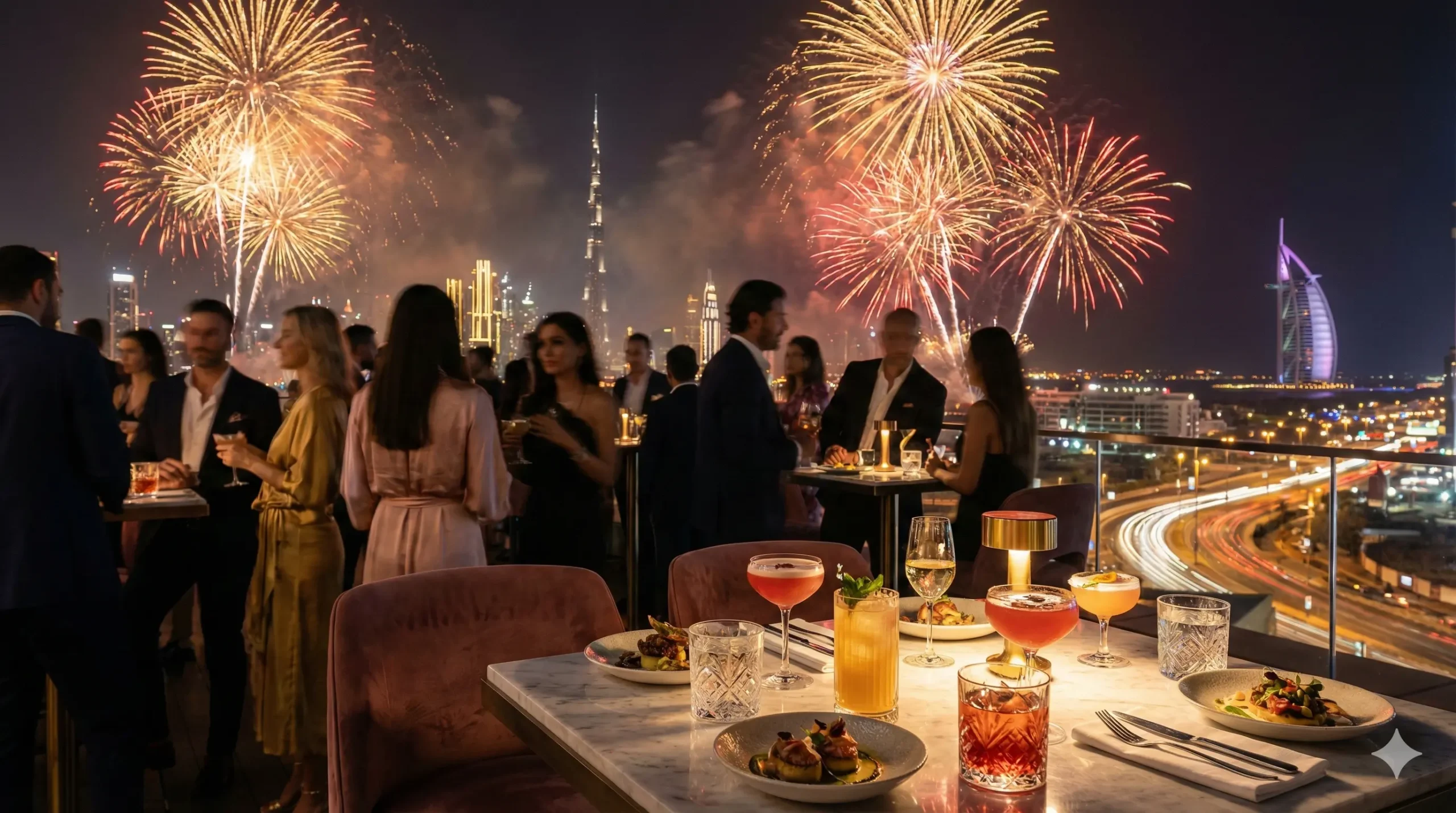 Stylish rooftop bar in Downtown Dubai with Burj Khalifa view for New Year's Eve.