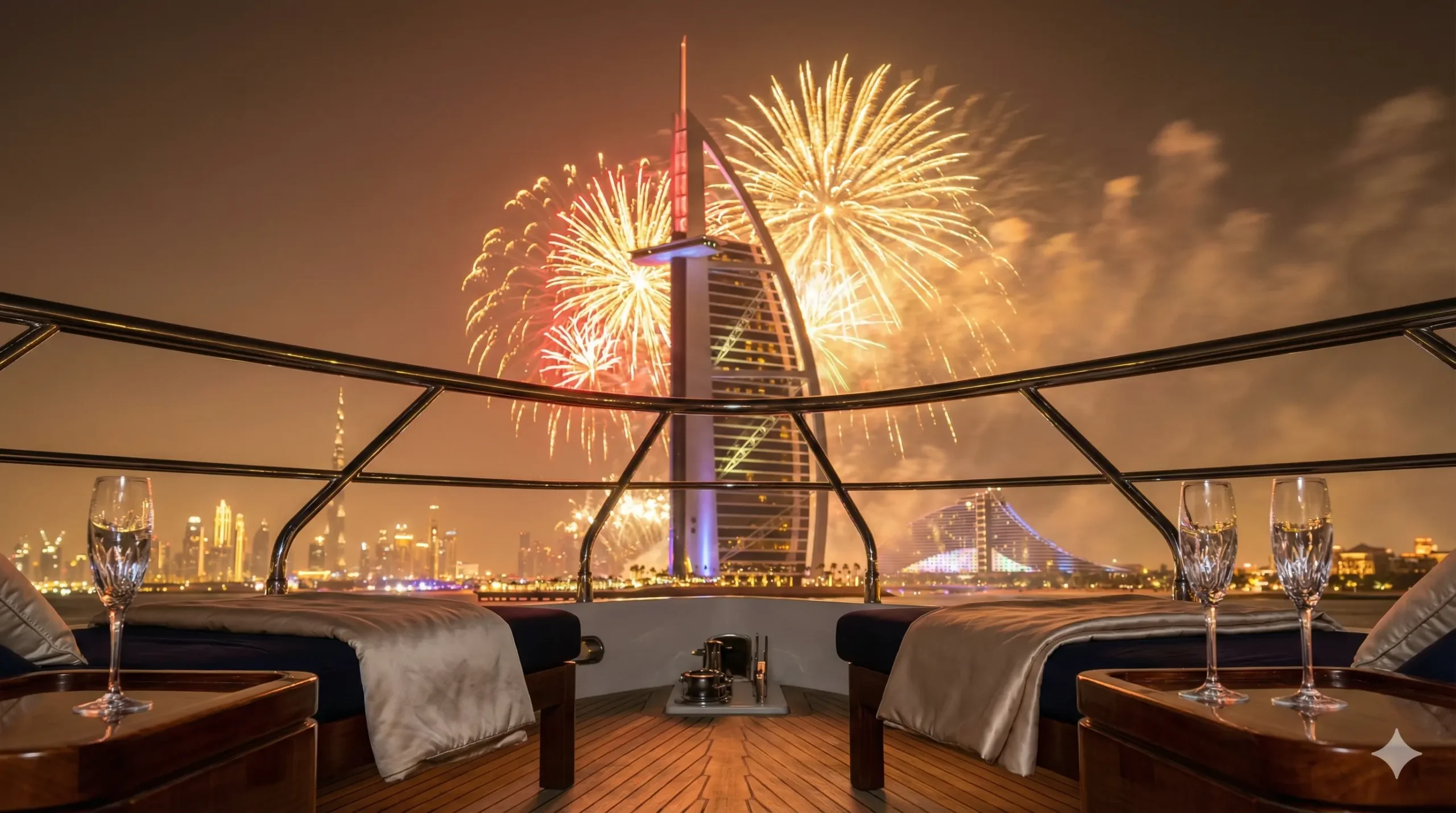 View of Burj Al Arab fireworks from a private yacht rental.