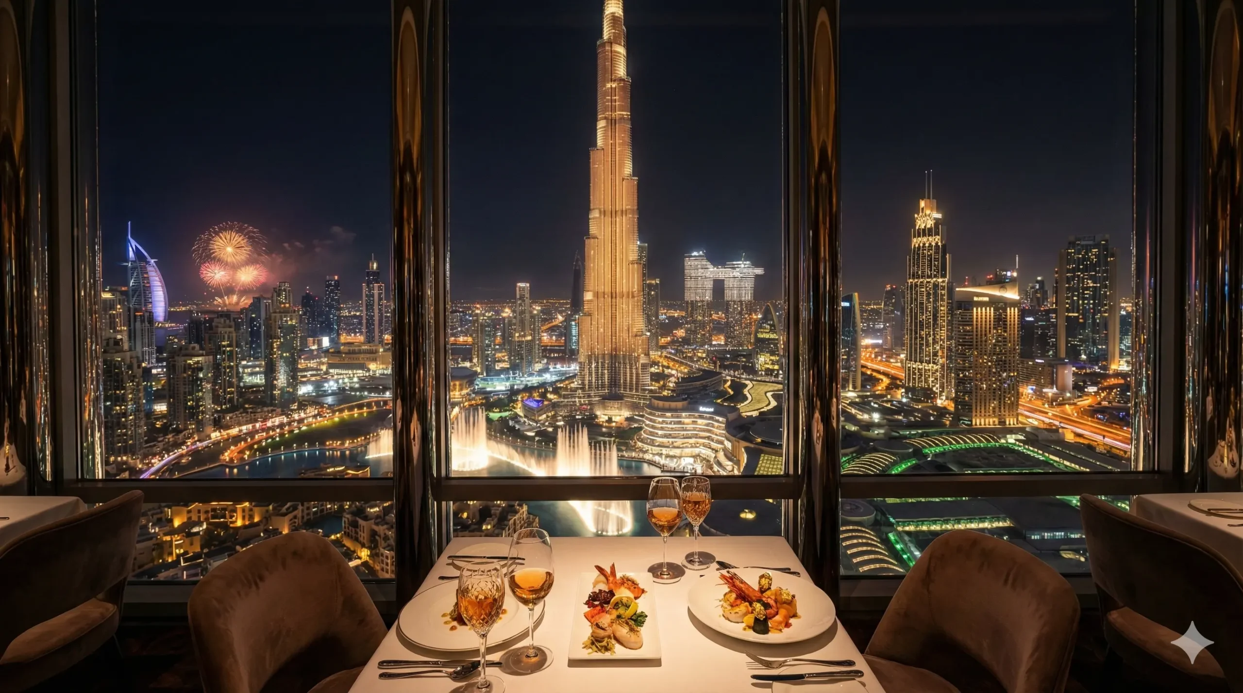 Luxury dining with front-row view of Burj Khalifa fireworks 2026.
