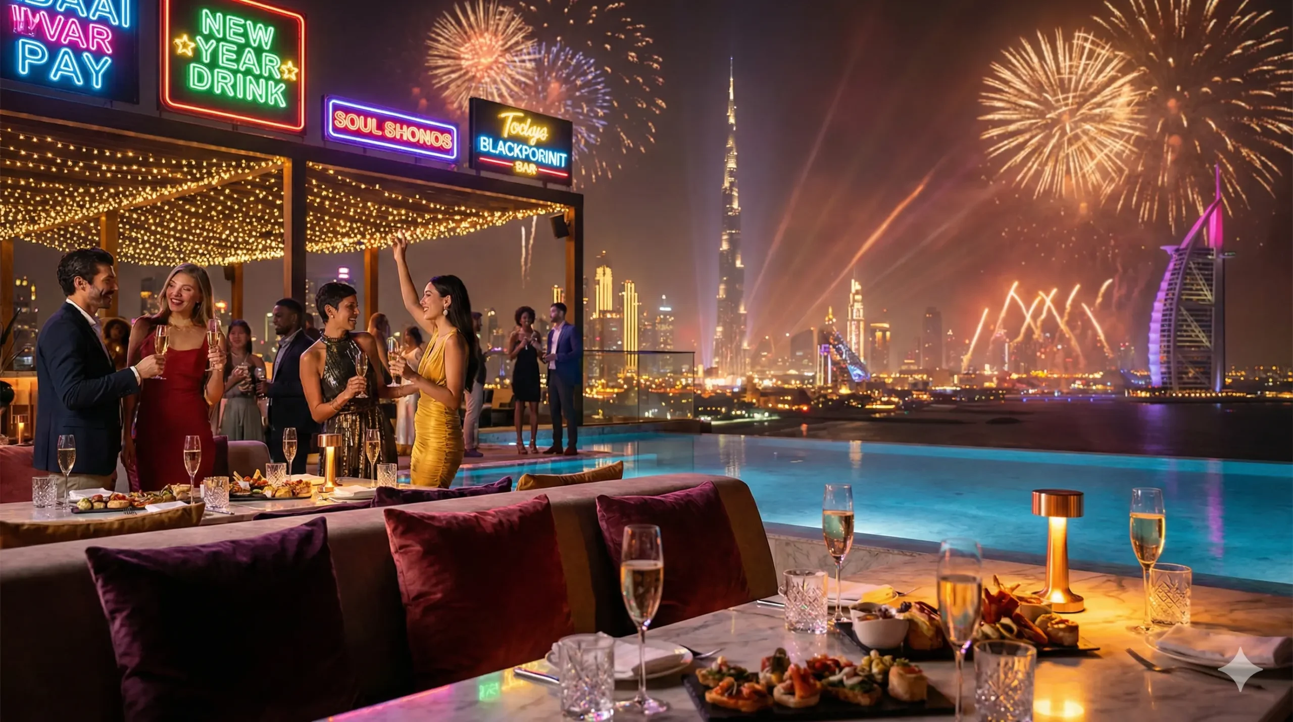 Rooftop party view of Burj Khalifa fireworks at CE LA VI Dubai.
