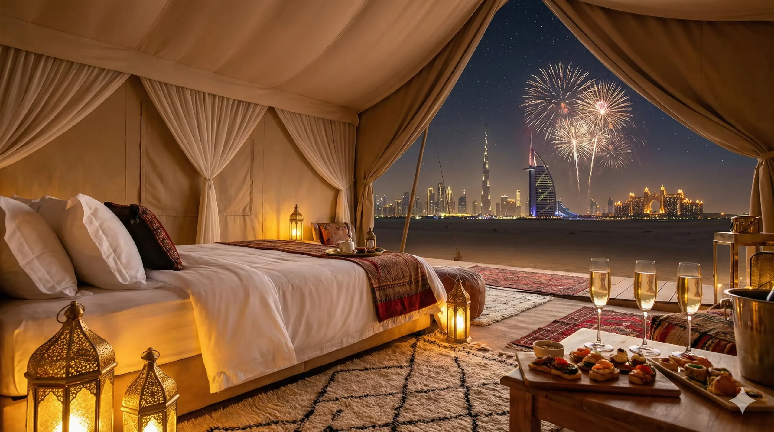 Interior of a luxury desert glamping tent in Dubai.