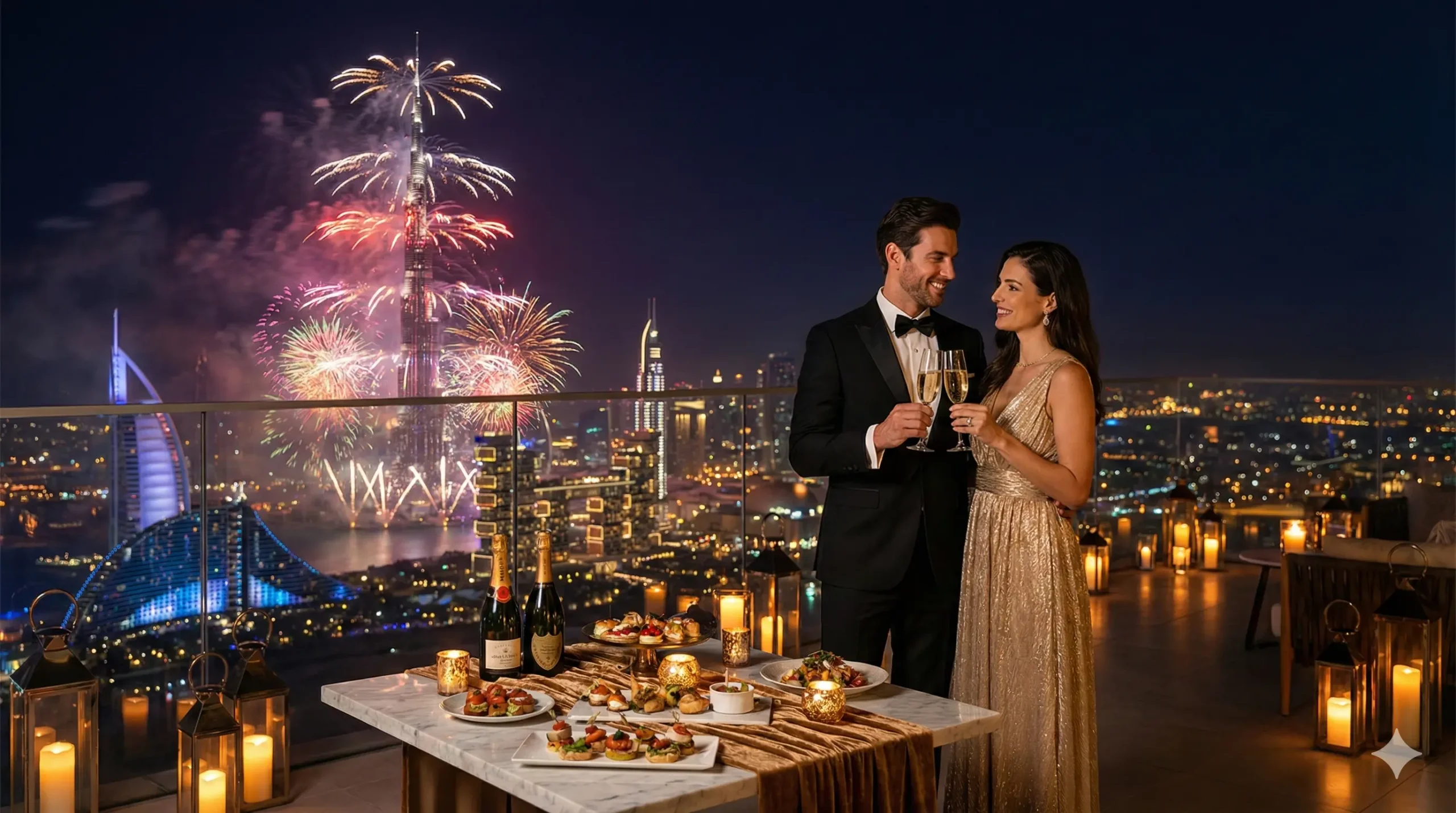 Couple enjoying Dubai New Year's Eve 2026 VIP table experience with Burj Khalifa view.