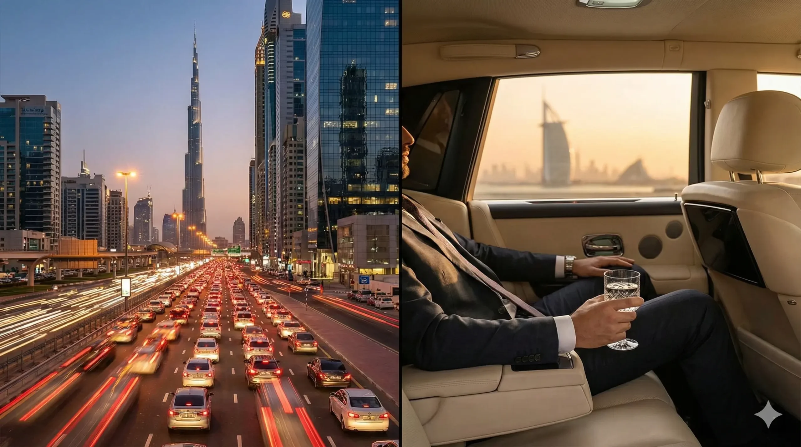 Dubai New Year's Eve traffic jam vs luxury chauffeur experience.