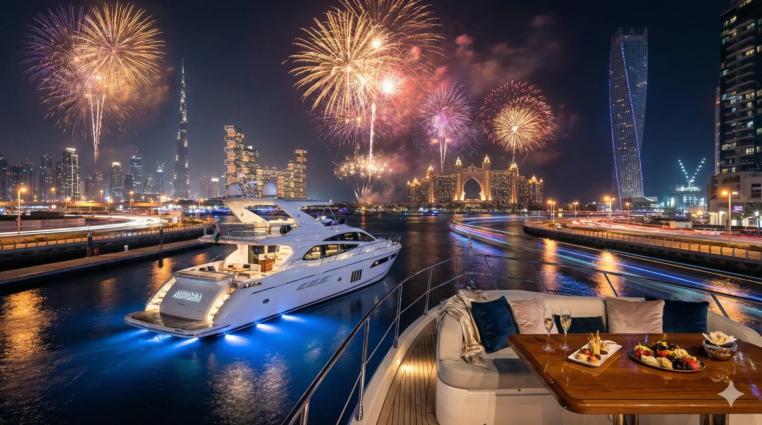 Luxury private yacht rental sailing in Dubai Marina for New Year's Eve 2026.