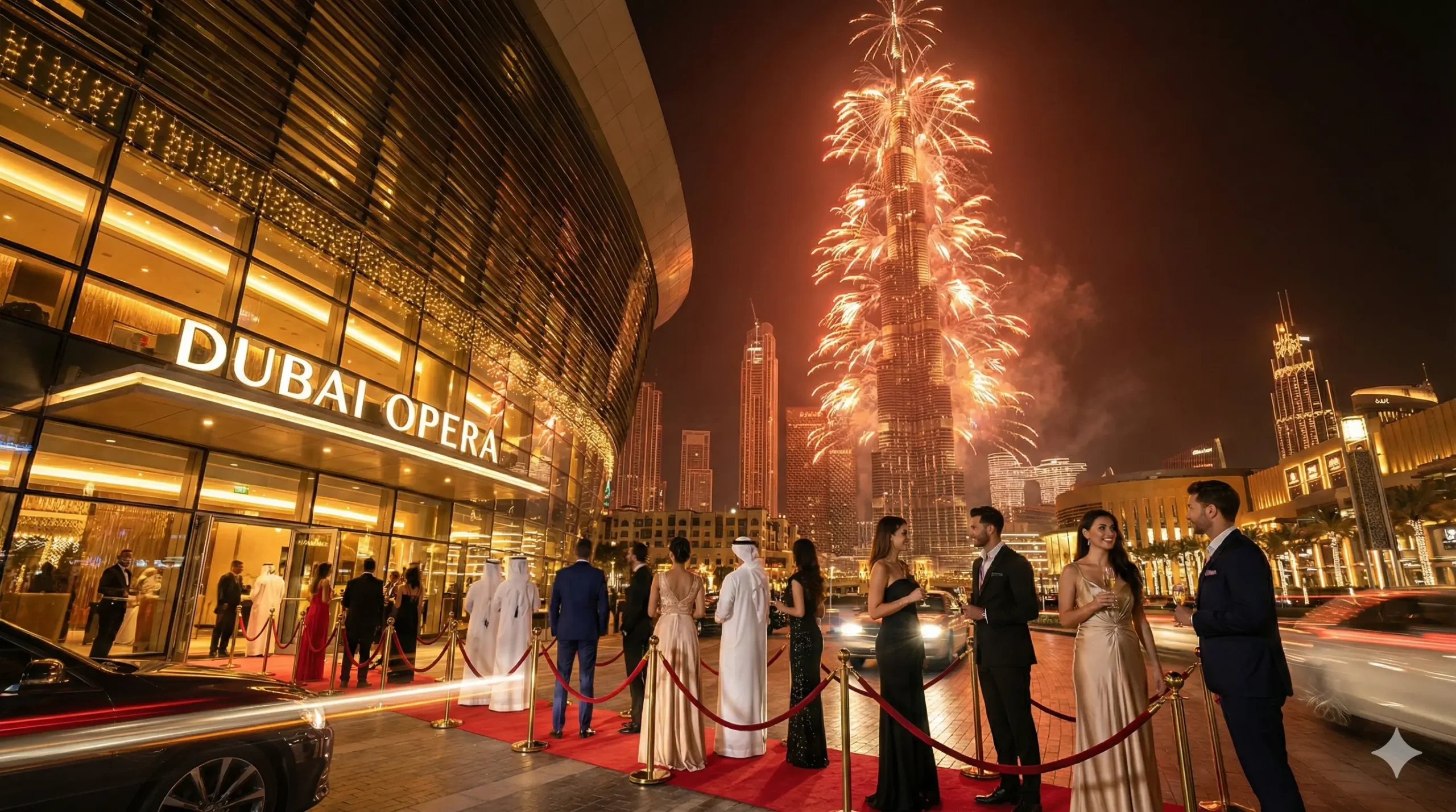 Dubai Opera exterior on New Year's Eve 2026 with Burj Khalifa view.
