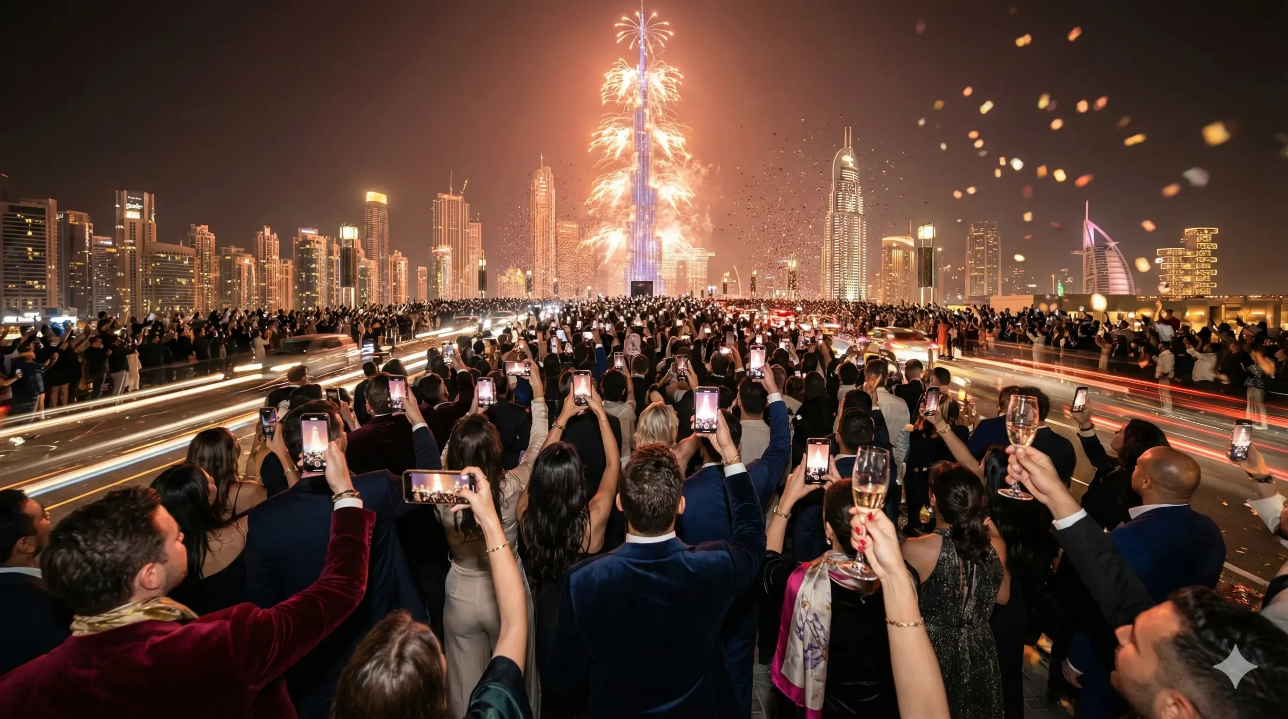 Crowd gathering at Dubai Mall to watch New Year's Eve fireworks for free.
