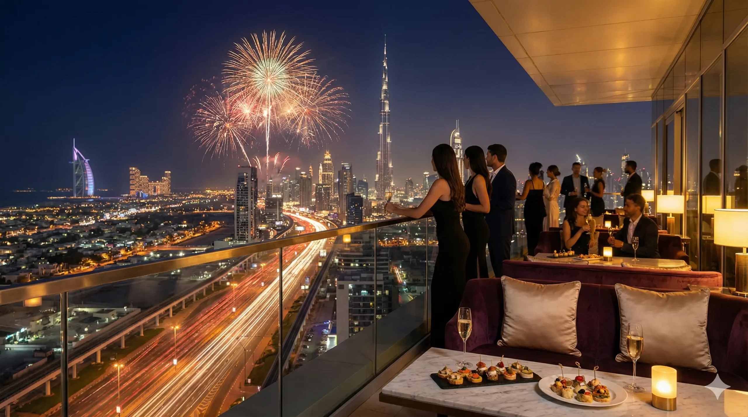Panoramic skyline view from Level 43 Sky Lounge Dubai on NYE.