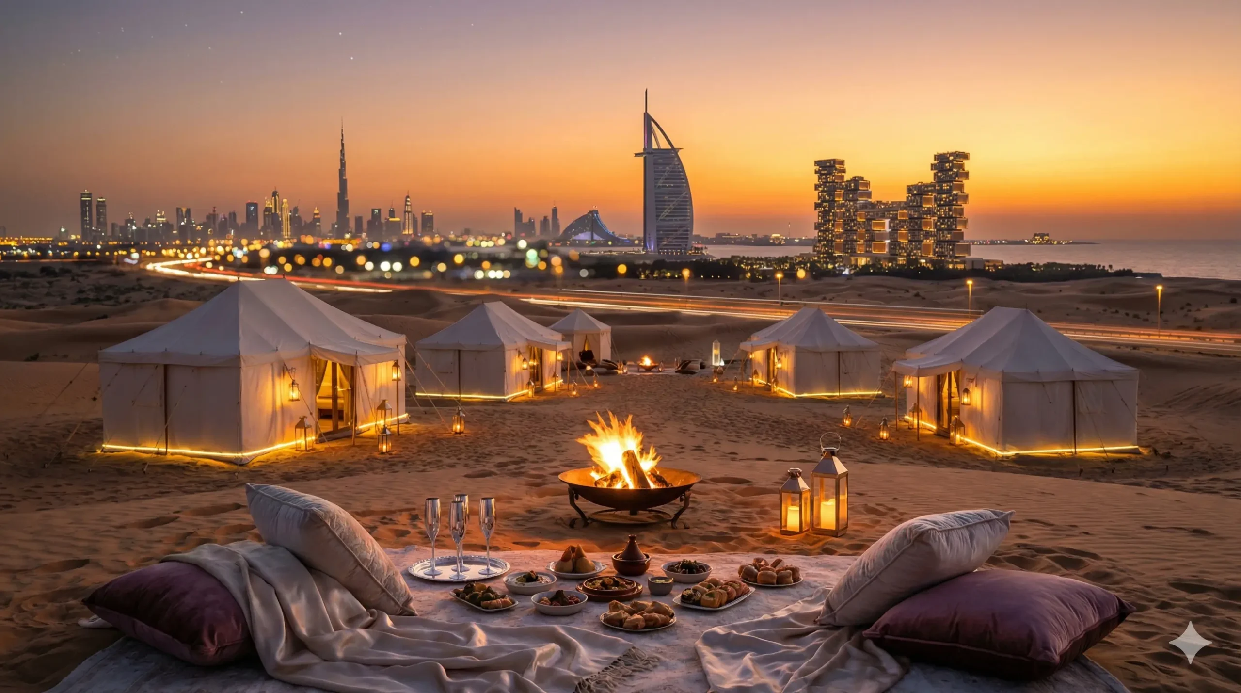 Luxury overnight desert safari glamping setup for New Year's Eve 2026.