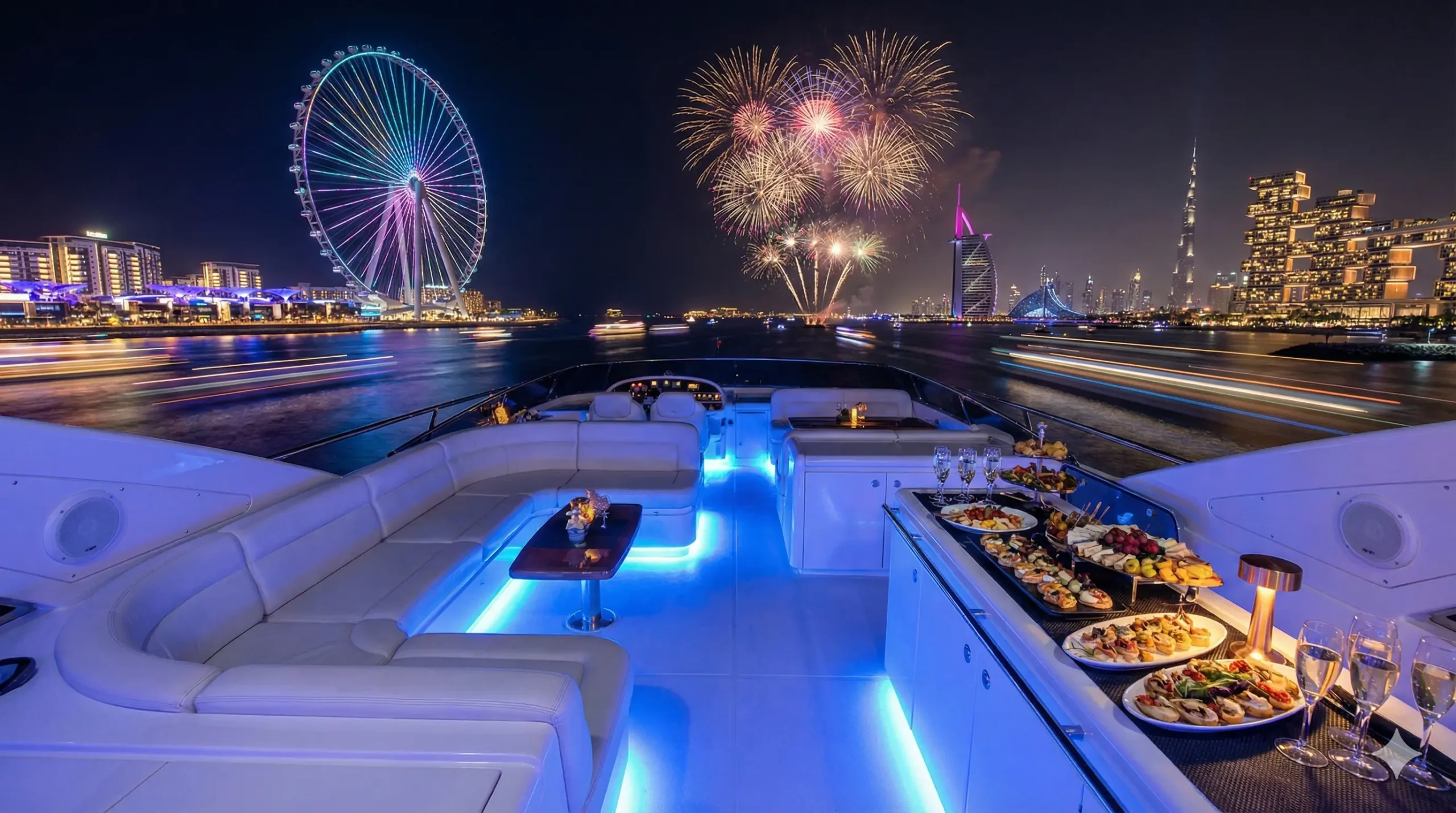 Luxury private yacht rental in Dubai for New Year's Eve party.